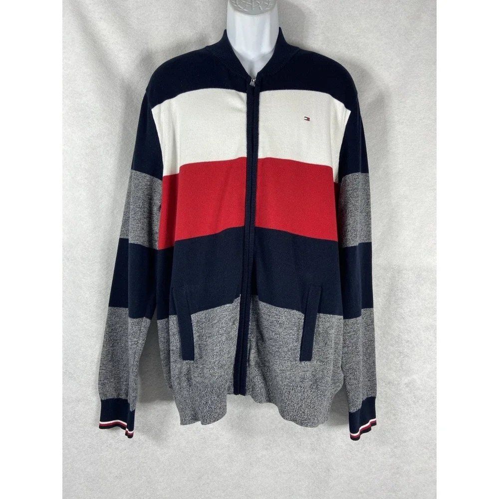 Tommy Hilfiger Baseball Sweater Men's XL Blue White Full Zip Colorblock Preppy